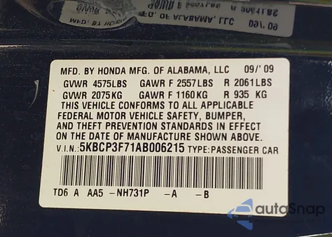 2010 Honda Accord 3.5 Ex из США, поврежденный, VIN 5KBCP3F71AB006215